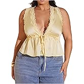 Floerns Women's Plus Size Lace Satin Tank Top Sleeveless Ruffle V Neck Peplum Tops