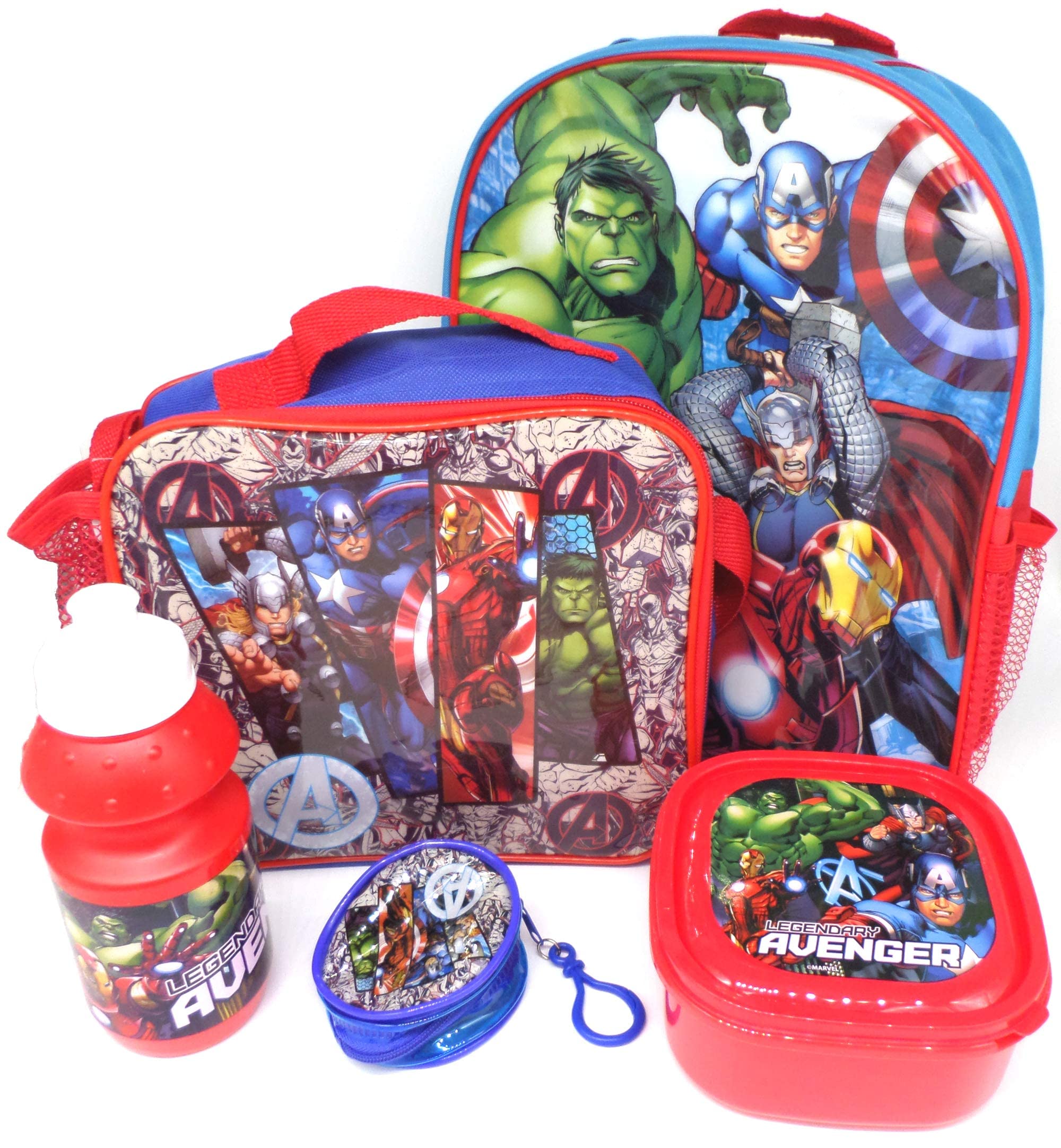 TLD Marvel Avengers Backpack + Coin Purse + Lunch Bag + Bottle + Sandwich Box - Gift Bundle