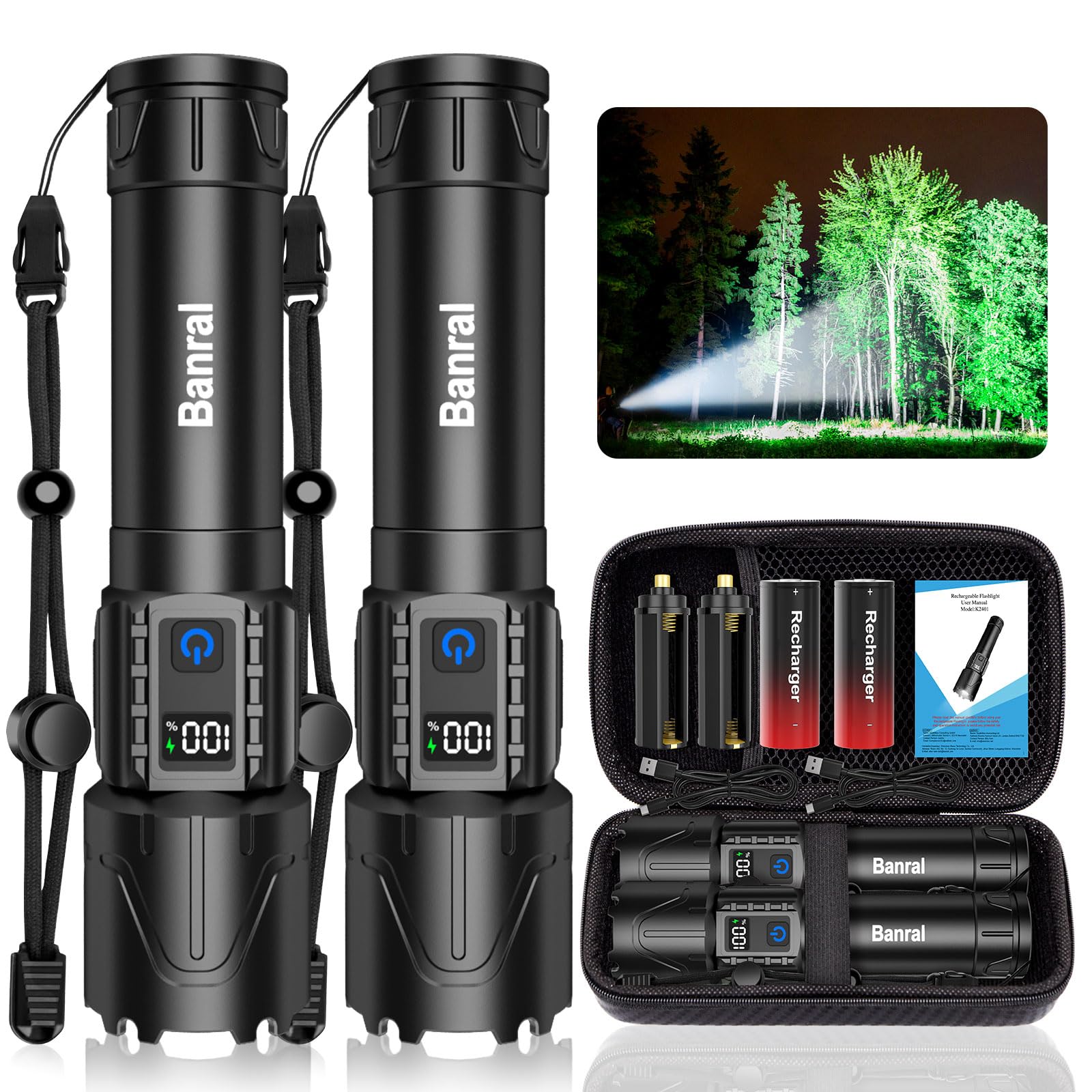 Banral Rechargeable Tactical Flashlights 2000 High Lumens - 5000mAh Super Bright LED Powerful Flash Light, Waterproof Handheld USB C Flashlight for Home,Car,Camping,Emergencies,5 Modes (2, Black) Image