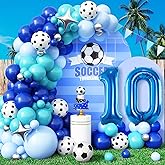 10th Birthday Soccer Party Decoration for Boys, 10th Soccer Birthday Balloons Arch with Royal Blue Teal Light Blue Balloon Garland Kit Large Number 10 Balloon for 10th Football Birthday Party Supply