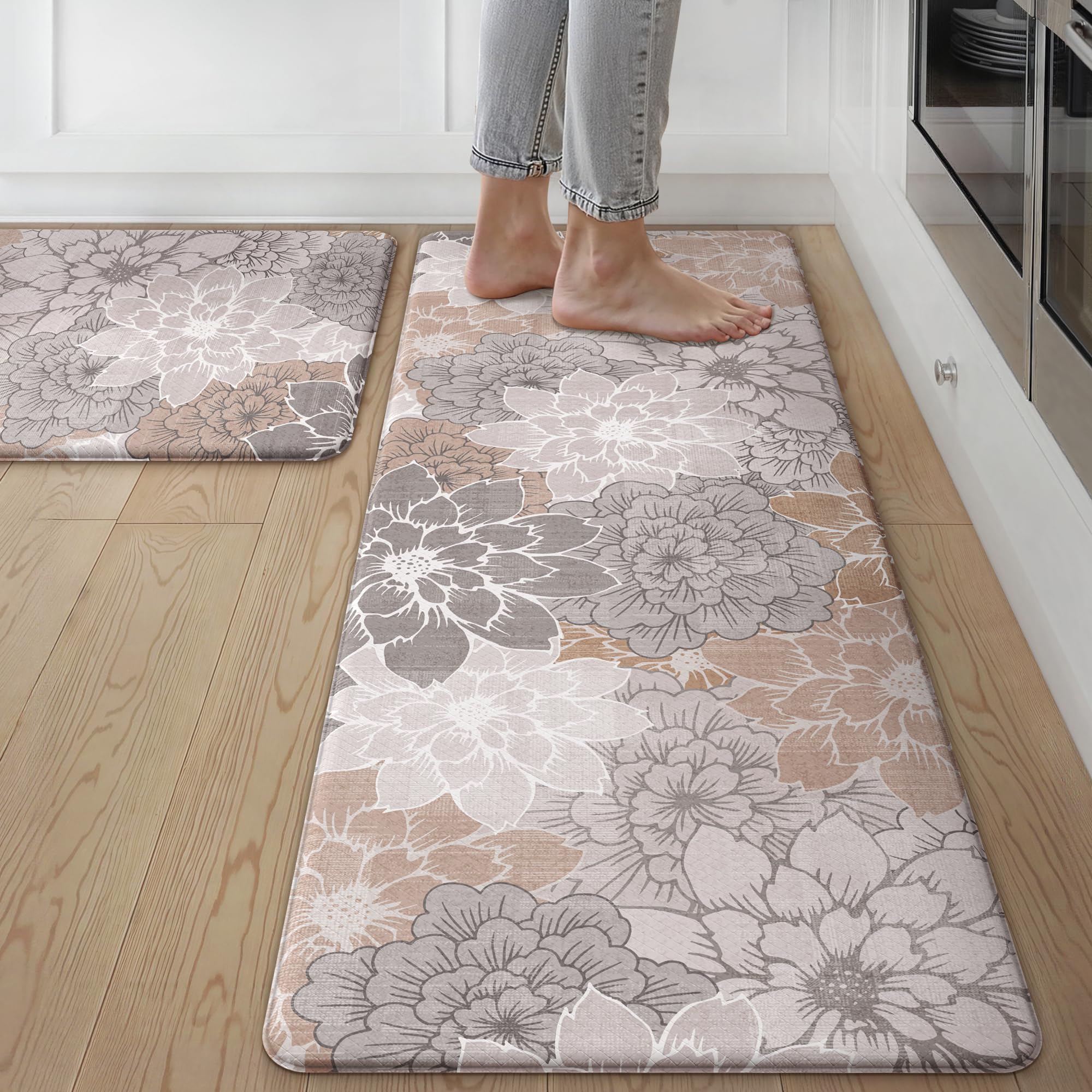 Photo 1 of GENIMO Kitchen Mats for Floor, Kitchen Rugs Non Slip Washable Sets of 2, Waterproof Cushioned Anti Fatigue Mat, Floral Runner Rug for Laundry, Sink, Office, Home, 17.3"x47"+17.3"x30", Taupe Grey