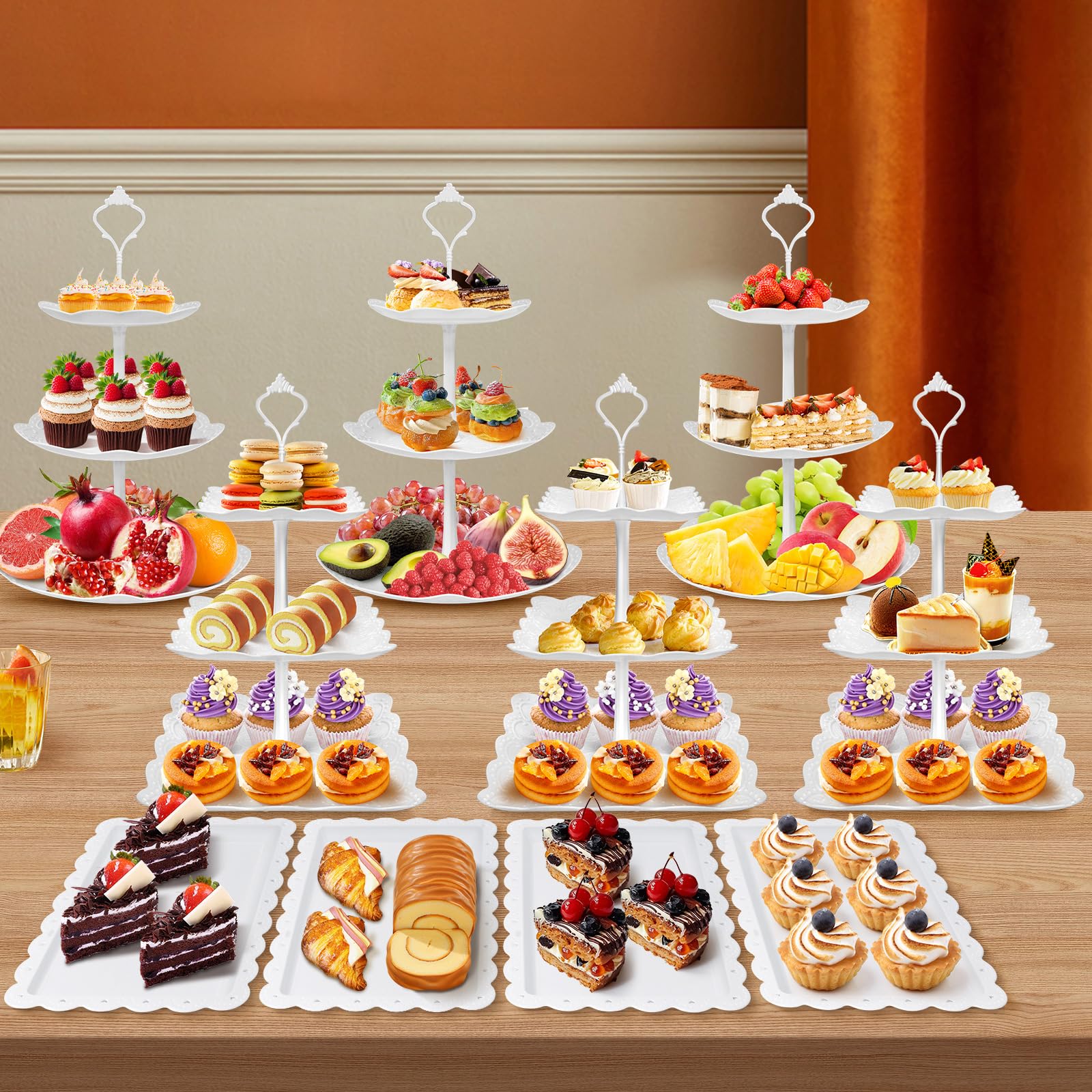 Photo 1 of 10 Pcs dessert table display set,3pcs 3 Tier cupcake stand,3pcs plastic wedding cake stands for party?4pcs cookie dessert trays?cake stands for tea party baby shower?White three tiered serving stand