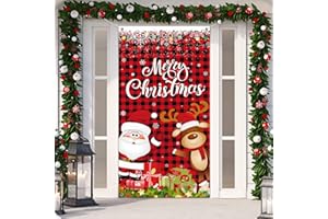 TIAMON Christmas Door Cover Santa Xmas Hanging Cover Elk Gifts Snow Xmas Door Cover Banner for Front Door Decoration New Year Christmas Party Supplies 5.9 x 2.9 ft (Red Black Checkered)