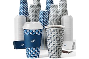 JOLLY CHEF 16 oz Coffee Cups with Lids 100 Pack, Disposable Hot Paper Coffee Cups with Lids, Sleeves and Stirrers for Christmas, Thanksgiving, Party