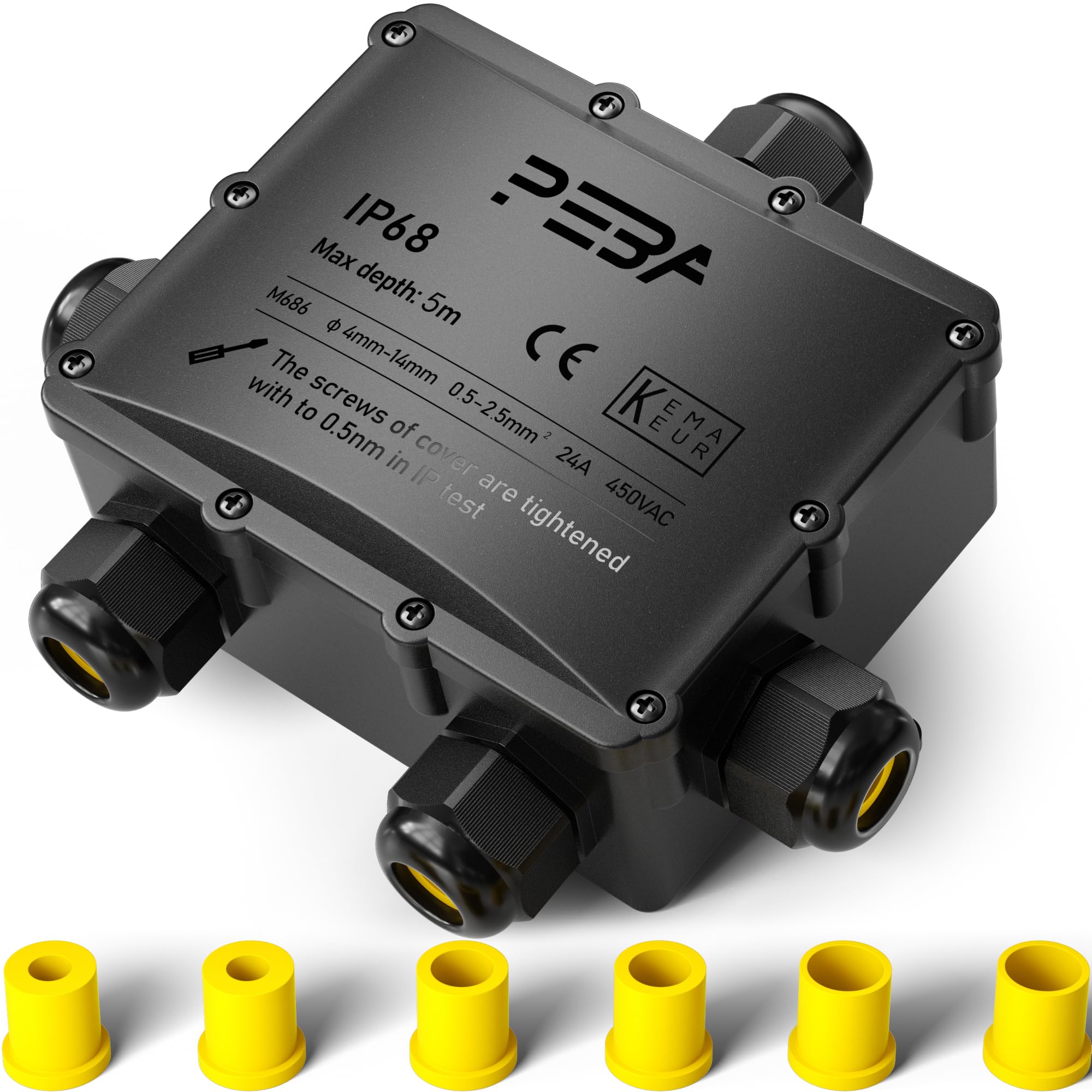 PEBA® IP68 Waterproof Junction Box,Waterproof Cable Connector Outdoor, Big 5-Way Outdoor Cable Connectors, Wire Connector,Extension Electrical Cable Protector for Cable Diameter Ø4mm-14mm Black — image 1