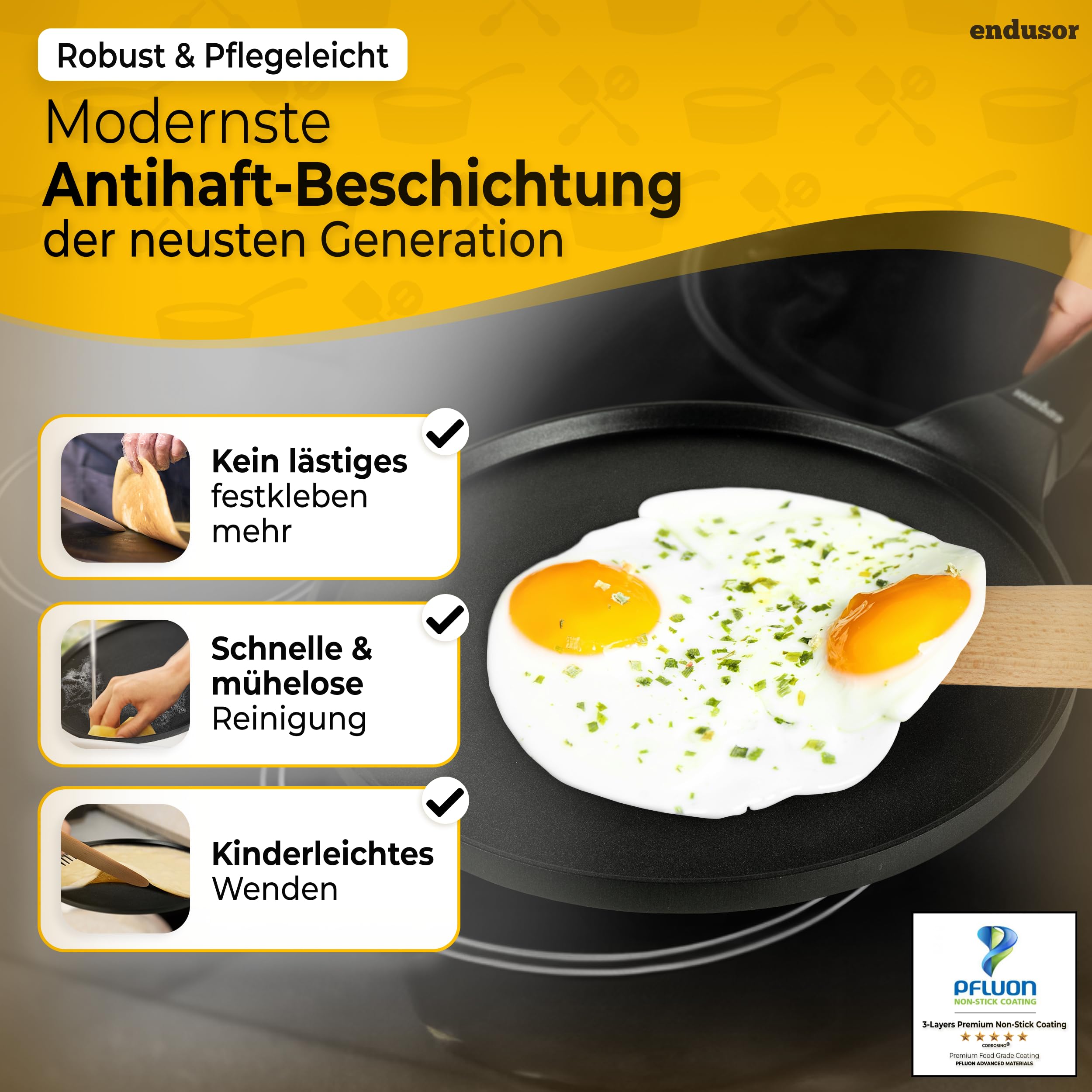 endusor Crepe Pfanne Induktion 26cm mit 3-facher Antihaftbeschichtung inkl. Spatel & Verteiler aus deutschem Buchenholz- Pfannkuchenpfanne für ALLE Herdarten - Flache Crepes Pfanne (OHNE PFOA + PFOS) 4