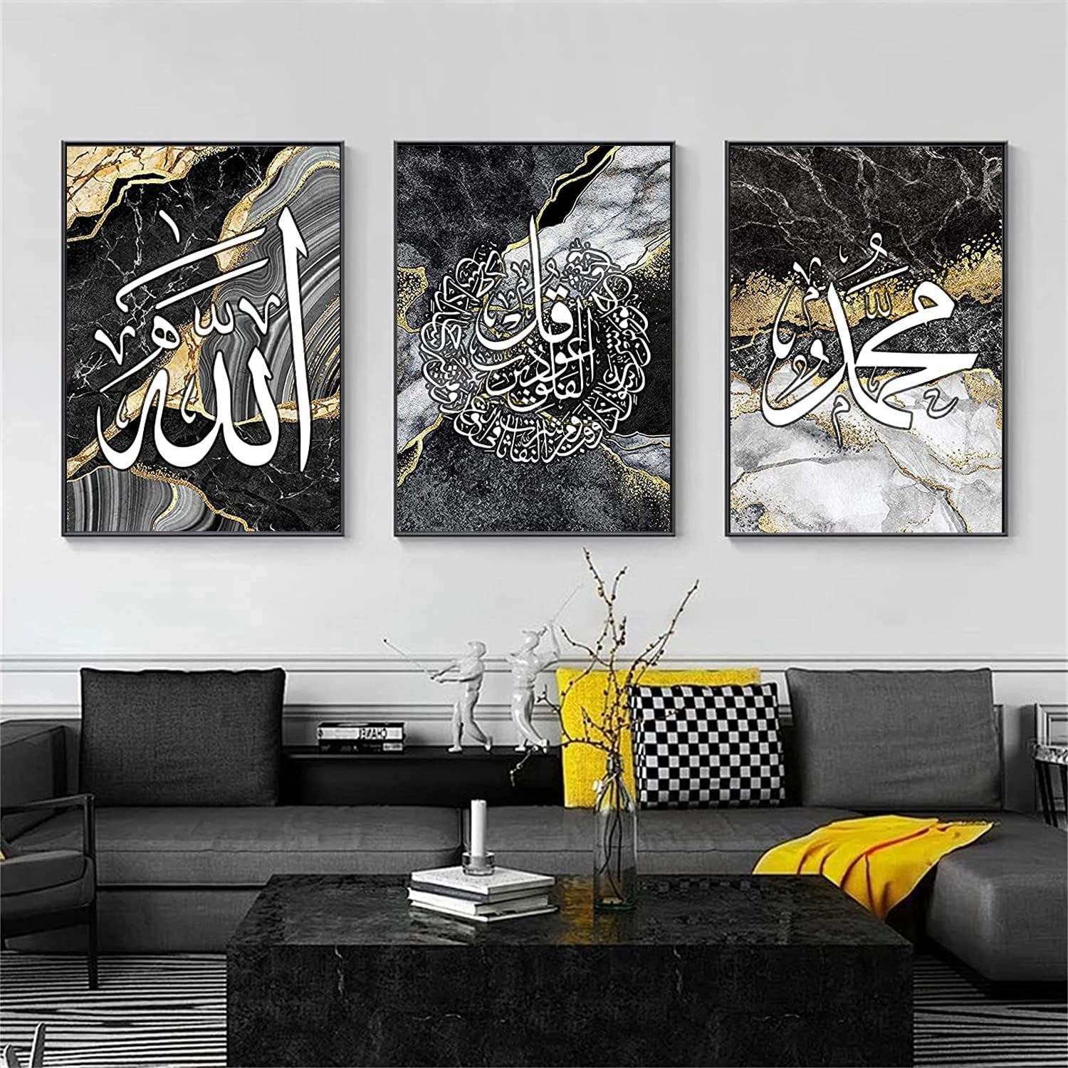 QPLGTU Islamic Canvas Art, Arabic Design, Bedroom & Living Room Wall Decor - Frameless Marble Canvas Poster Set (Style 4, 60x90cm*3)