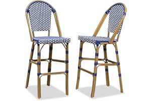 PURPLE LEAF French Bar Stool Set of 2 Bamboo Print Finish Patio Bar Stools with Back Rattan Chairs Wicker Bar Height Stool 30" with Footrest Kitchen Island Stools Outdoor Barstool Royal Blue
