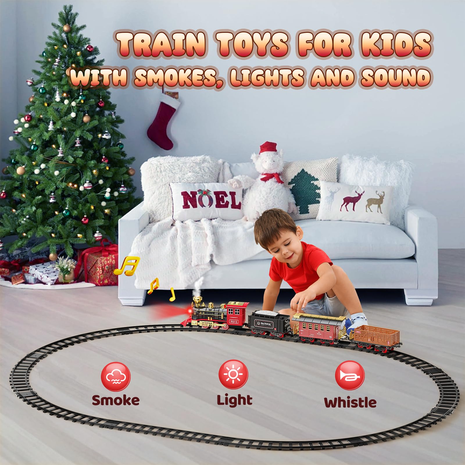 Hot Bee Train Set - Train Toys for Boys with Smokes, Lights and Sound, Toy Train Set for Under Christmas Tree, Toddler Model Trains for 3 4 5 6 7 8+ Years Old Kids Christmas Toys Gifts