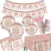 90th Birthday Decorations for Women,142pcs Rose Gold 90th Birthday Decorations Tableware Set 90th Birthday Plates and Napkins Cups Tablecloth for 90 Year Old Birthday Decorations