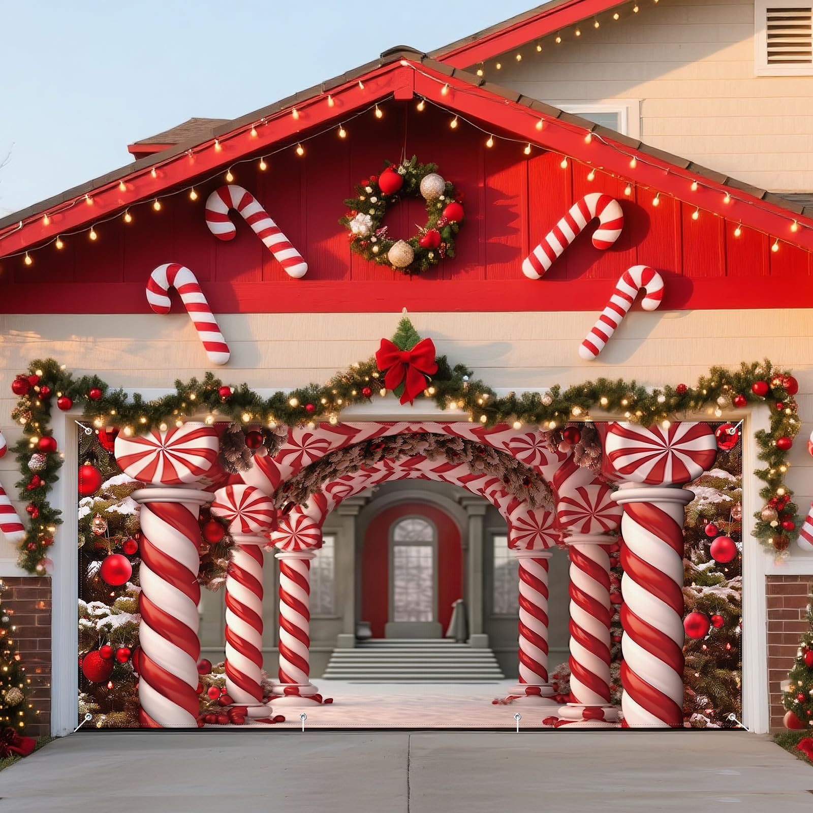Photo 1 of HunnmingRe 7 x 16 ft Christmas Garage Door Cover, Large Lollipop Holiday Garage Door Christmas Decorations Banner Backdrop Hanging Photography Decor for Indoor Outdoor House Lawn Party Background