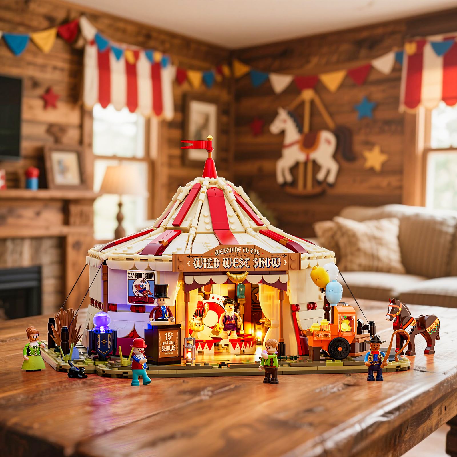 Lumibricks Traveling Circus Bauset mit Licht – 1962 Teile Zirkuszelt mit LED & Minifiguren – Modularer Jahrmarkt für Erwachsene, Westernfans & Freizeitpark-Sammler 6