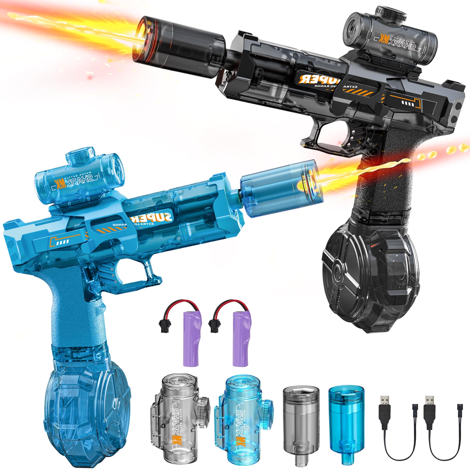 Nicojoy 2 Packs Electric Water Gun Fire Flash Upgraded, Water Pistol Toy Squirt Gun for Kids Adults(320 Capacity Each), Summer Outdoor Toy Yard Beach Swimming Water Play Toys (Black&Blue)