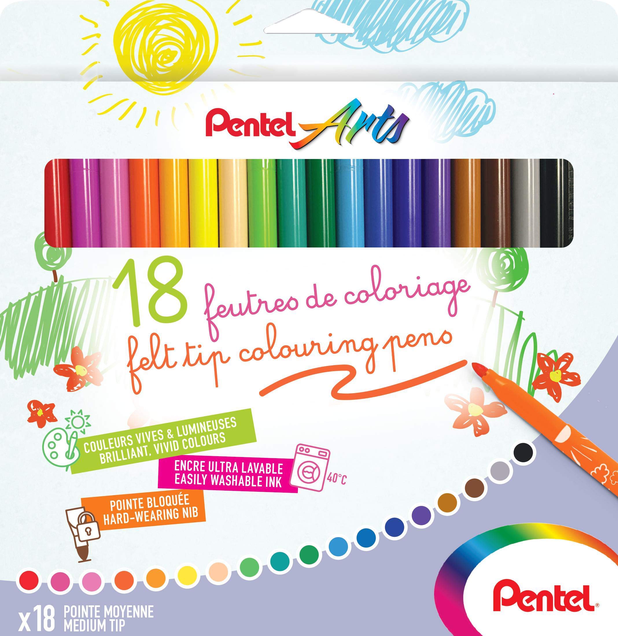 Pentel Arts SCS2E-18 Felt-Tip Pens Medium Tip Pack of 18