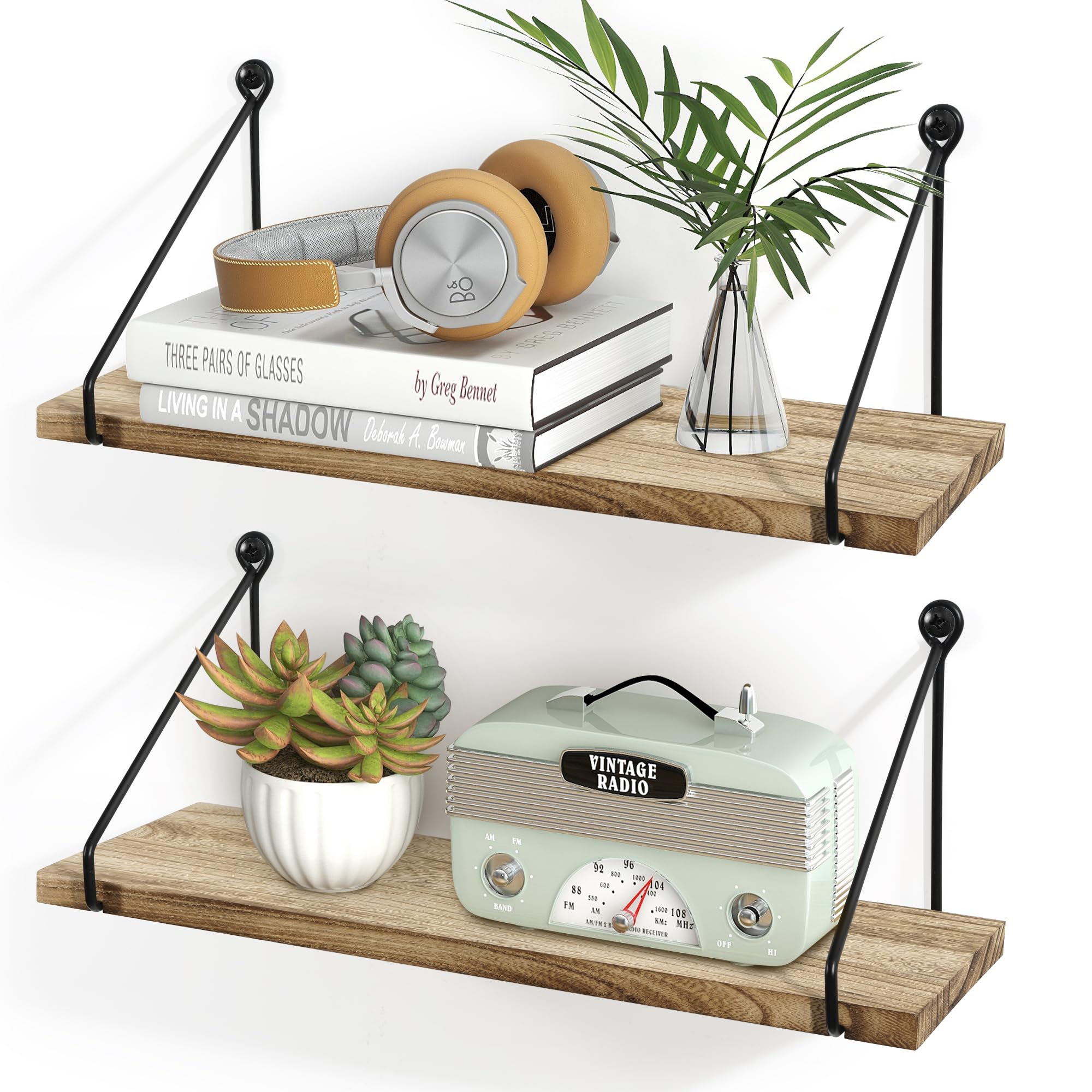 SUMGAR Floating Shelves for Wall Wood Rustic Shelf Wall Mounted for Kitchen Bathroom Bedroom Living Room Set of 2 Home Office Display Storage Organisation Unit Decorative Accessories Easy to Hang