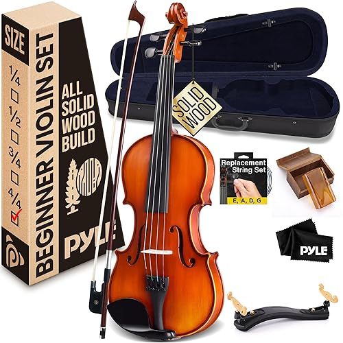 Pyle Solid Wood Violin, Premium Spruce Top and Maple Side Construction 4/4 Full Size Fiddle Set with Accessory Kit