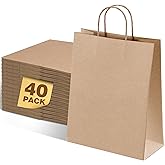Ginkgo Gift Bags 8x4.25x10.25 Brown Kraft Paper Bags with Handles 40Pcs Bulk, Medium Size Shopping Bag for Wedding Parties, Favors, Businesses, Grocery Retail, Goody Craft
