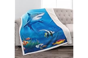Jekeno Shark Blanket Gifts for Kids Adults Boys Women Girls Men Christmas Birthdays Ocean Underwater Animal Fish Coral Print Presents Decor Home Bedroom Living Room Soft Sherpa Throw 50x60 in