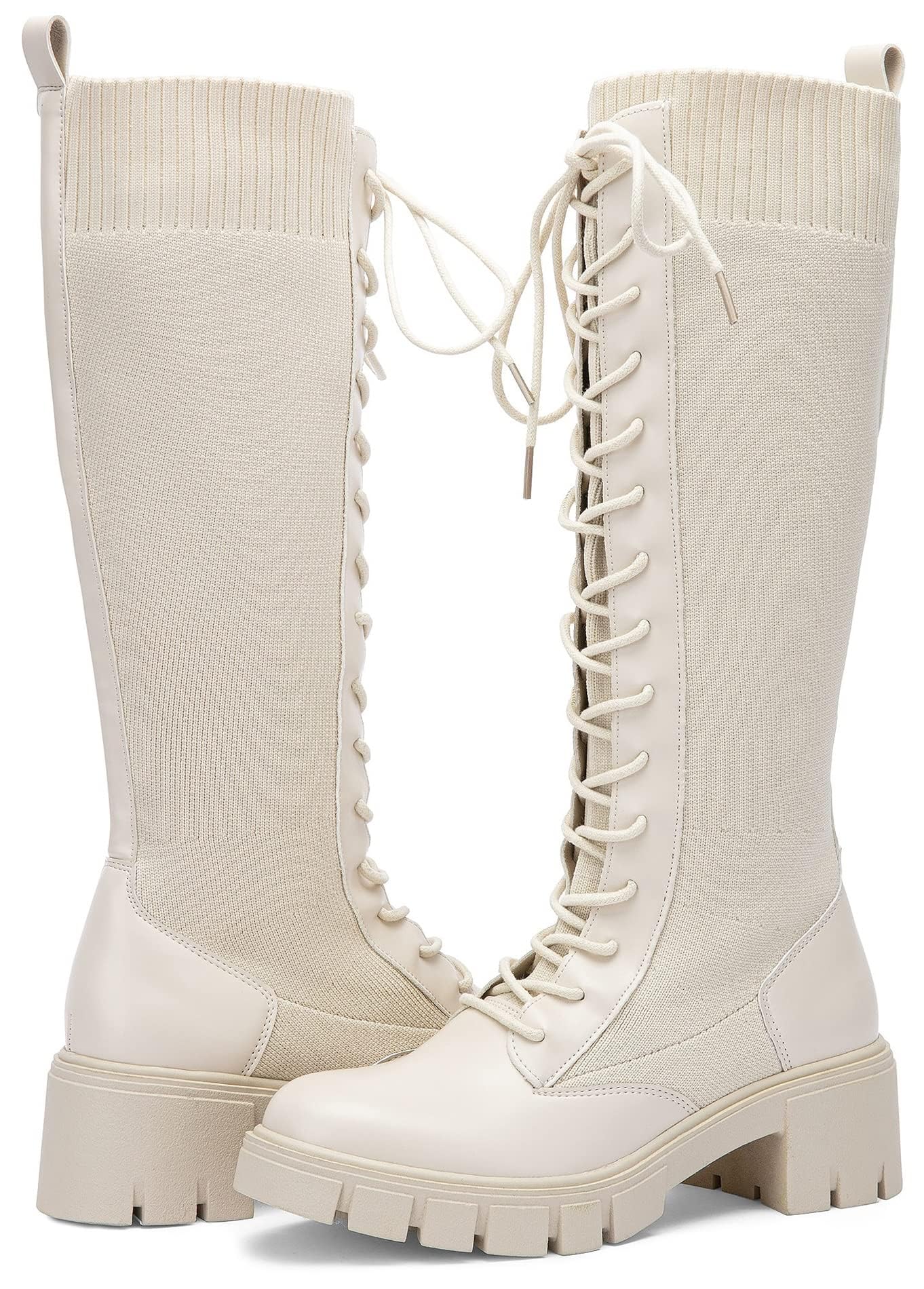 Photo 1 of Vepose Women's Beige Lace Platform Combat Knee High Boots with Comfort 953 Chunky Heel Size 7 (CJY953 Beige 07)
