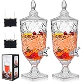 Zhehao 2 Pcs Drink Dispensers for Parties 0.8 Gallon Glass Beverage Dispenser Clear Vintage Crystal Beverage Dispenser with Spigot and 2 Wooden Chalkboard Wide Mouth Beverage Server for Bar Home