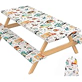 Jolly Camper 72 X 30 Inch Elastic Fitted Camping Table Cover with Bench Covers & Storage Bag, Picnic Tablecloth, Fits 6ft Picnic Tables, Polyester, Washable, Spill Resistant, Waterproof - Dino