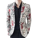 OUYE Men's Red Black Rose Print Casual Blazer