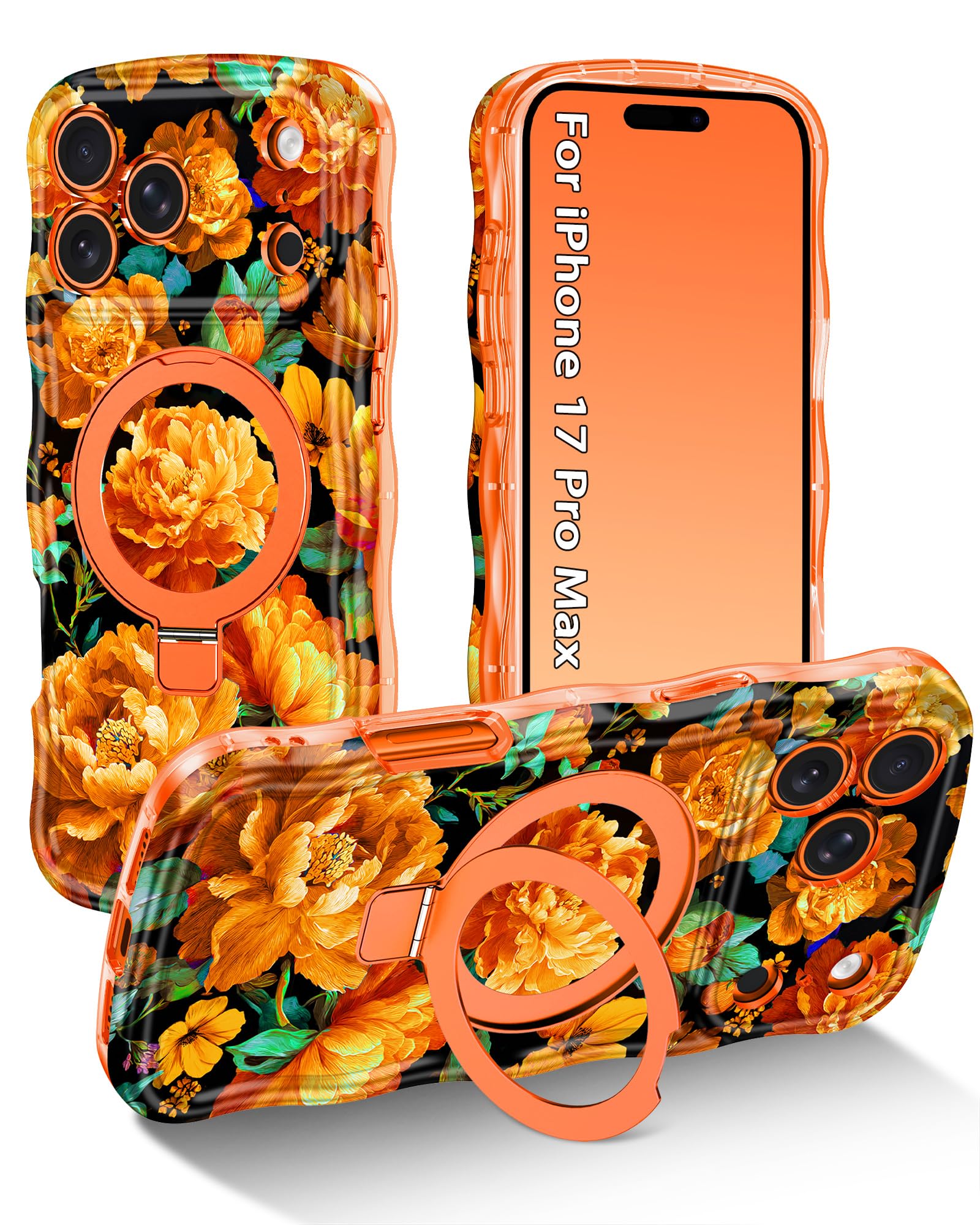 Meshine for iPhone 17 Pro Max Case with Magnetic Stand,[Compatible with MagSafe] Wave Frame Cute Flower Design Shockproof Drop Protective Women Girls Cover for iPhone 17 Pro Max,Orange
