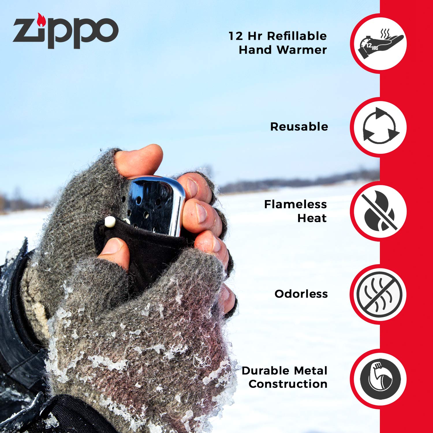 Zippo 12 Hour Refillable Hand Warmer | Portable, Refillable, Odorless | Works with Zippo Lighter Fluid | Includes easy fill technology, 2.5X more heat than disposables | Perfect for Camping, Fishing