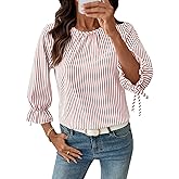 SHEWIN Womens Blouses Summer Striped Crewneck 3/4 Tie Sleeve Tops with Button Decoration On Back