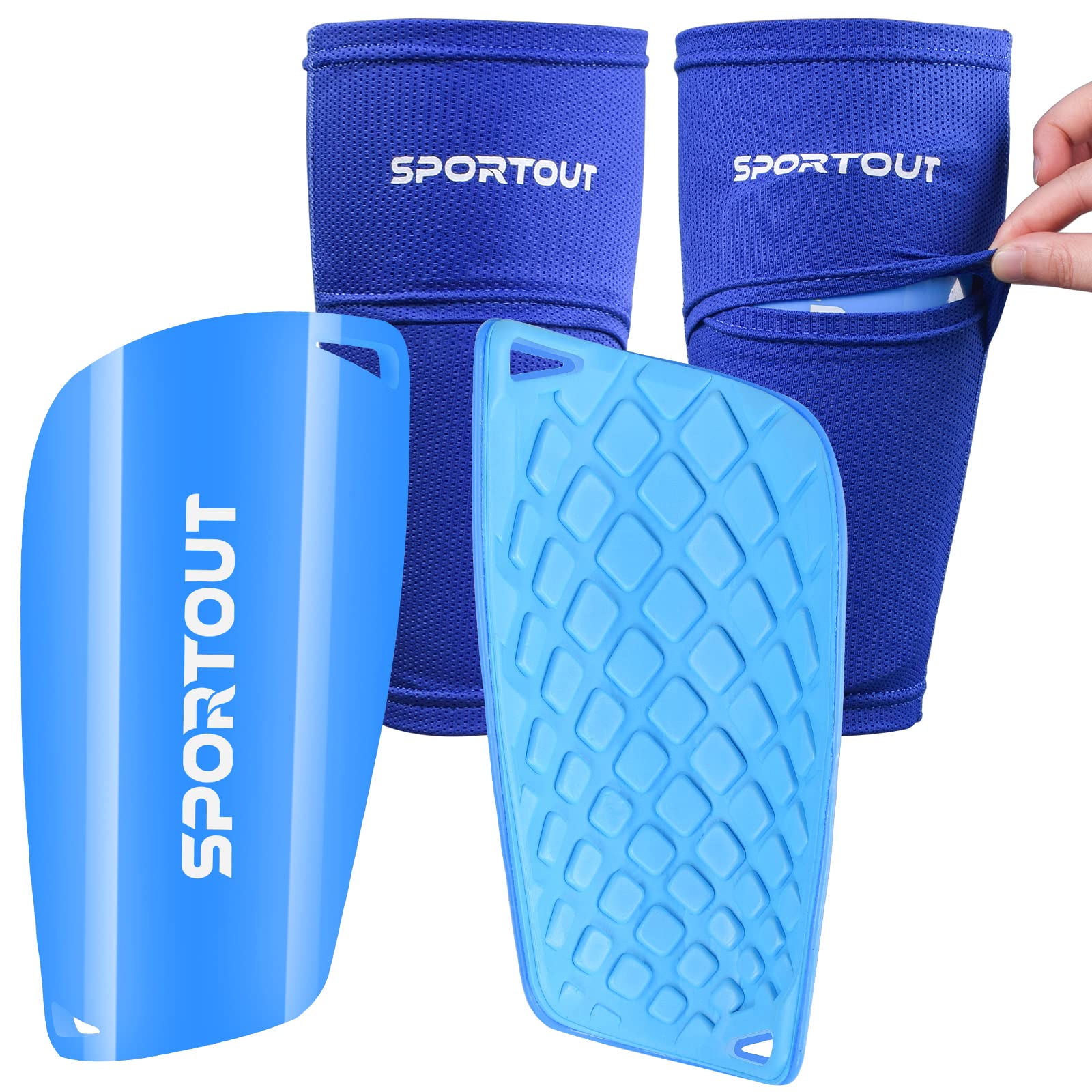 Sportout Kids Youth Adult Football Shin Guards with High Elastic Sleeves,Offers Comprehensive Protection for Your Legs (L, Blue-1)