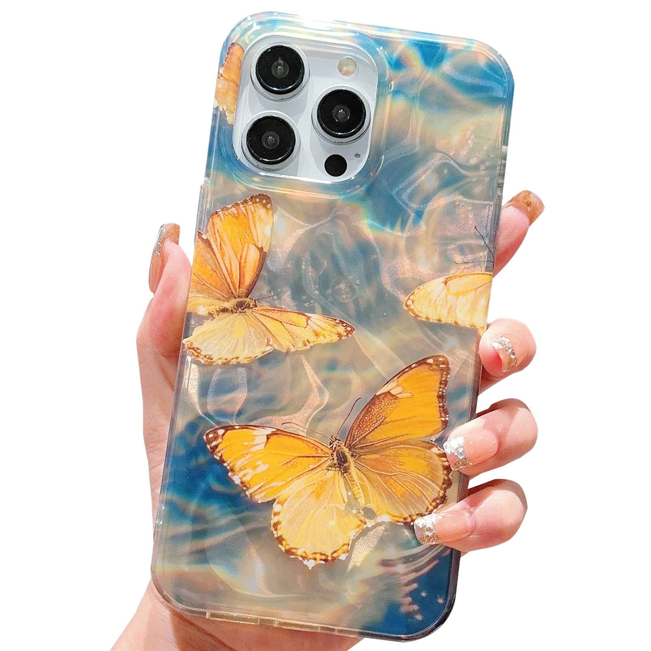 HZYKDWD Compatible for iPhone 14 Pro Max Case 6.7 Inch,Cute Butterfly Quicksand Bling Sparkle Hard Back Art Pattern Design for Soft TPU Shockproof Phone Case for Women Girls-Yellow — image 1