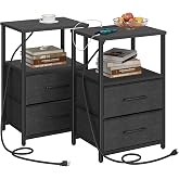 TUTOTAK Nightstands Set of 2, End Table with Charging Station | Side Table with 2 USB Ports and Outlets, Bedside Table with Cloth Drawer, Couch Table, Black TB01BK052