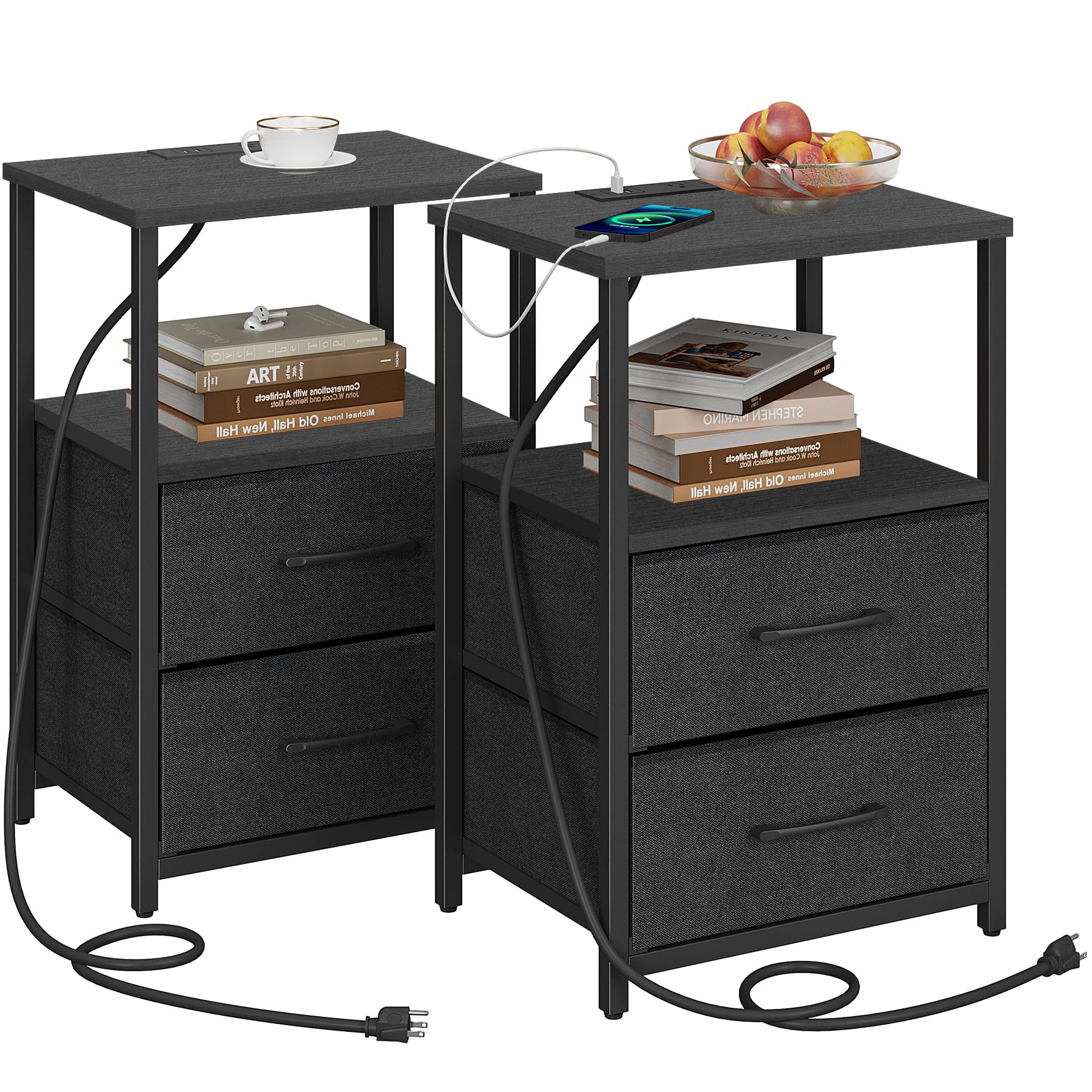 2 X Table De Chevet, Table D'appoint Avec Station De Charge, 2 Ports USB+2 Prises, Noir, 25x30x60cm - Table De Chevet