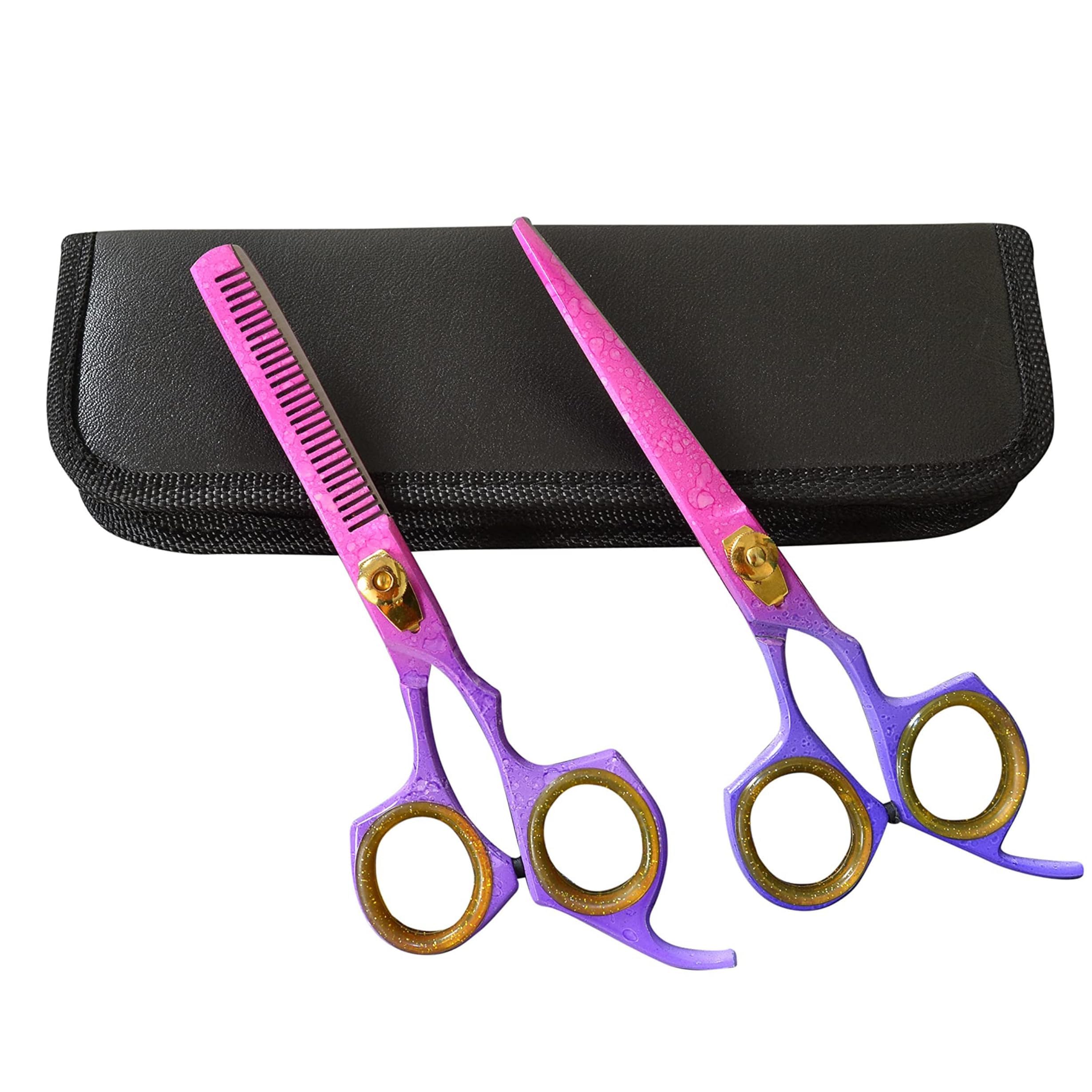 ASM Hairdressing Barber Hair Scissors + Thinning Scissor with Pouch Kit - Heavy Duty Stainless Steel Hair Razor Scissor for Cutting Hair - Barber Hair Scissors for Women & Men (Pink-Purple, 5")