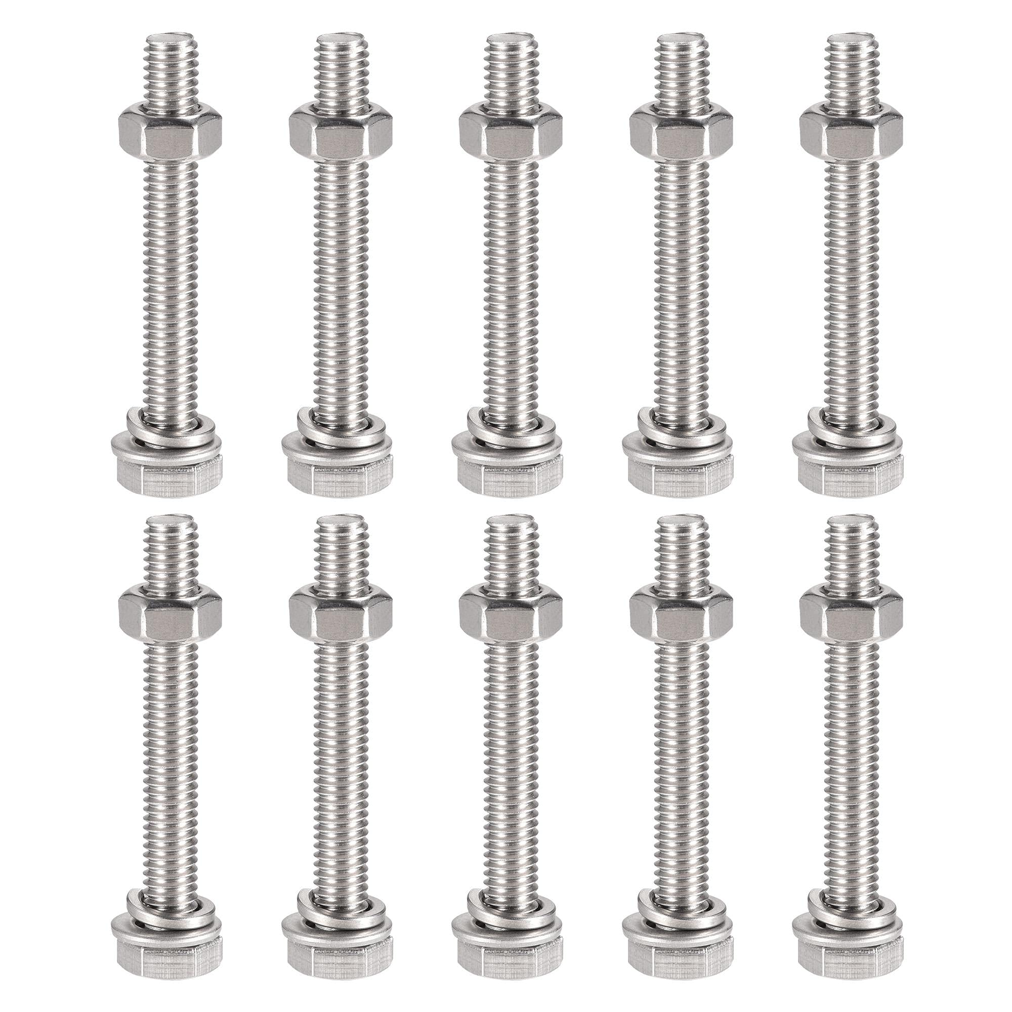 sourcing map M6 x 45mm Hex Head Screws Bolts, Nuts, Flat & Lock Washers Kits, 304 Stainless Steel Fully Thread Hexagon Bolts 10 Sets