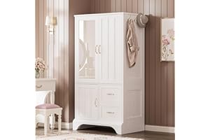 LIKIMIO Armoire Wardrobe Closet with Mirror and 3 Doors and 2 Drawers, Bedroom Wooden Armoire Storage Cabinet Combination with Hanging Rod for Bedroom, White