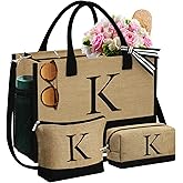 YOOLIFE Gifts for Women - Initial Jute Tote Bag & 2 Makeup Bags Personalized Gifts for Women Teacher Mom Friend Birthday