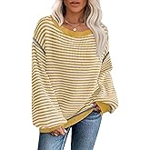 Soesdemo Womens Oversized Sweater Off The Shoulder Crewneck Striped Cute Long Sleeve Knitted Pullover Tunic Sweaters