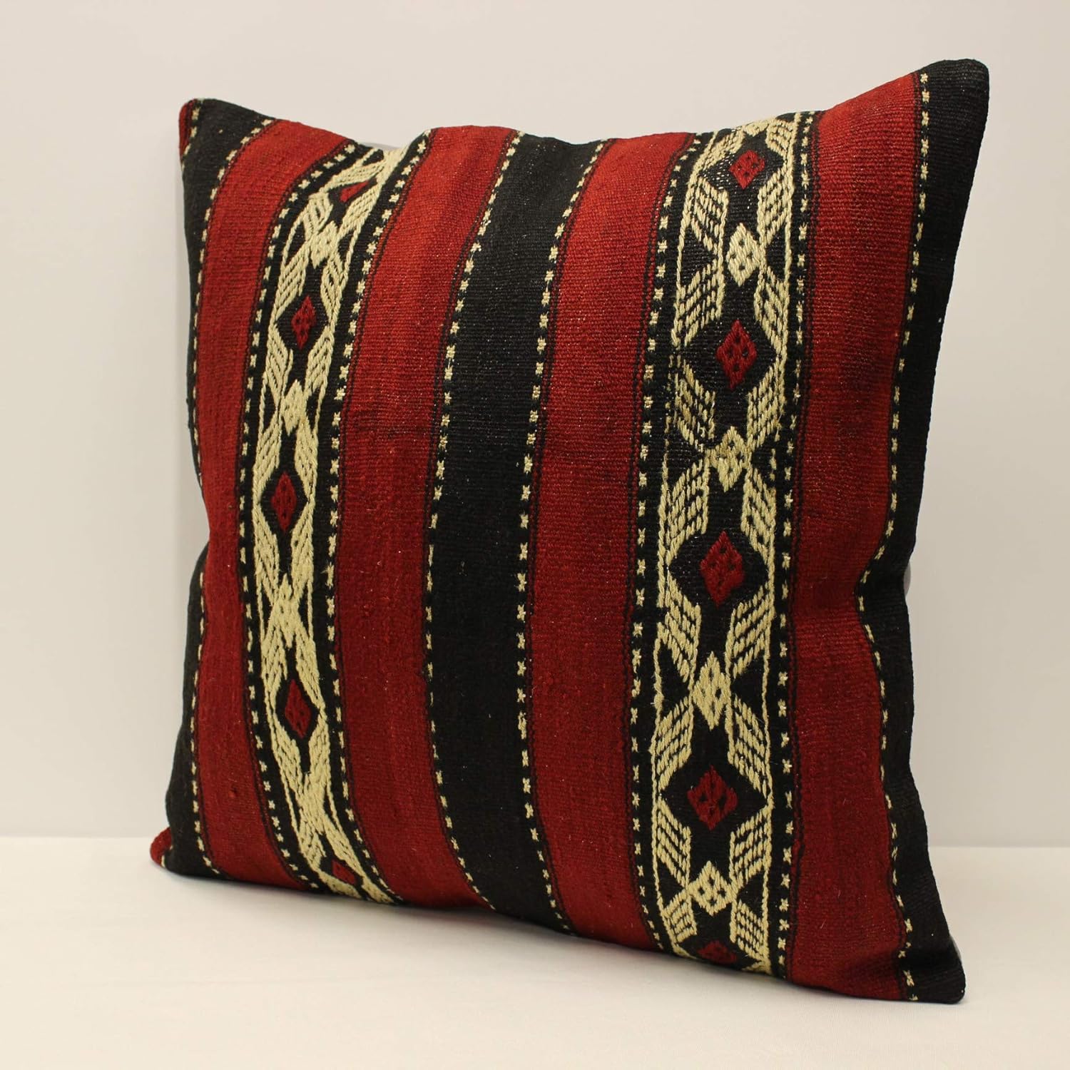 Red Kilim Pattern Throw Pillow Square Decorative Turkish Cotton Woven Cushion