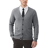 Kallspin Men's Cardigan Sweater Wool Blend Cable Knit V Neck Buttons Cardigan with Pockets