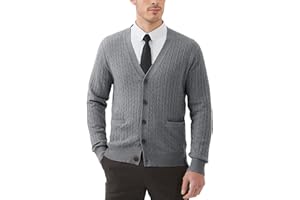 Kallspin Men's Cardigan Sweater Wool Blend Cable Knit V Neck Buttons Cardigan with Pockets
