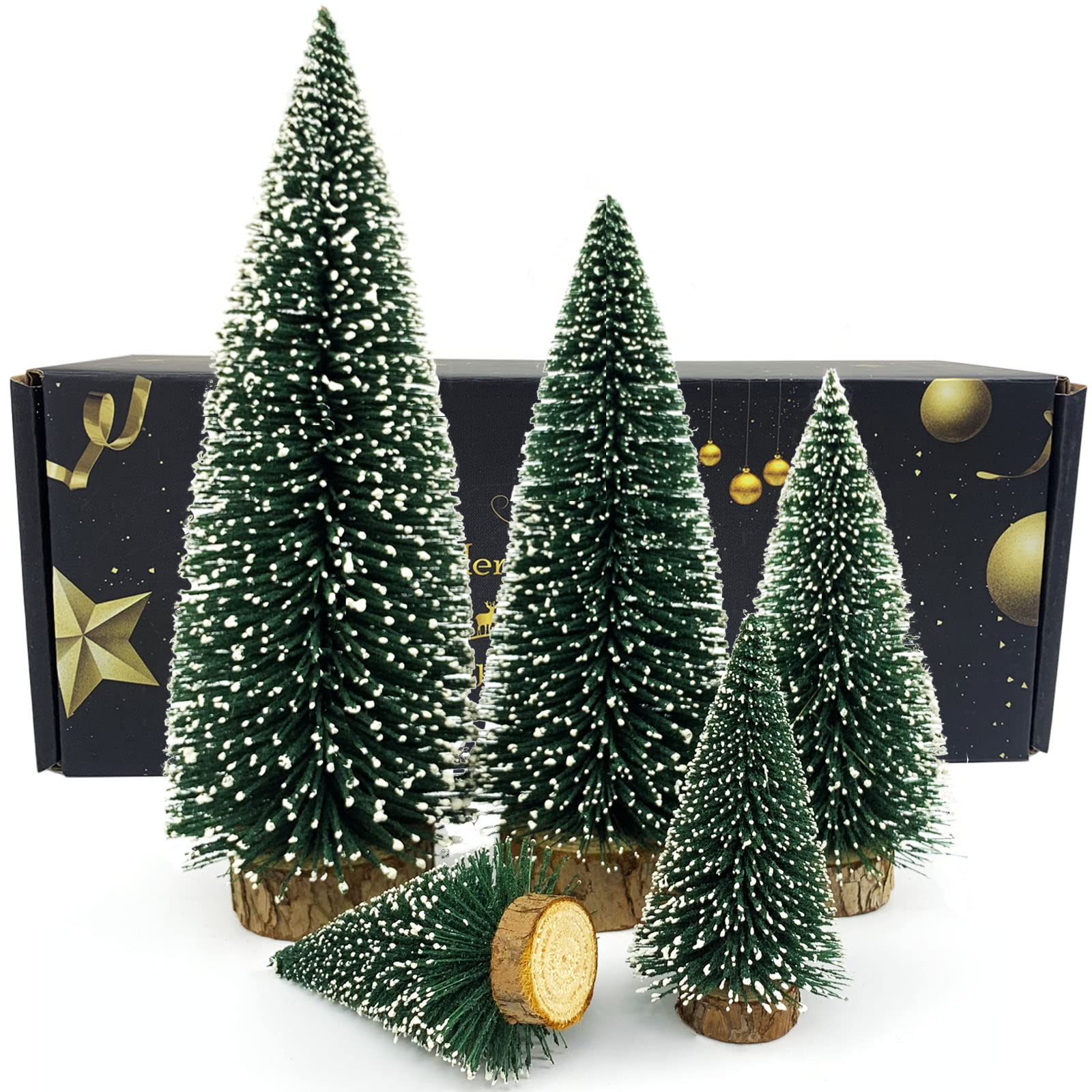 Miniature Christmas Tree, Mini Ornaments Desktop Trees, Miniture snowing pine trees with Wooden Bases For Xmas Holiday Party Home Decor