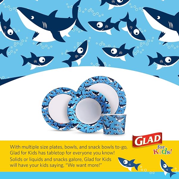 GLAD FOR KIDS 8.5 INCH ROUND PAPER PLATES, CUTE SHARKS DESIGN, HEAVY DUTY CUT-RESISTANT AND SOAK-PROOF DISPOSABLE PLATES, MICROWAVABLE KIDS TABLEWARE FOR MEALS, PARTIES, SNACKS, 20 COUNT – 6 PACK