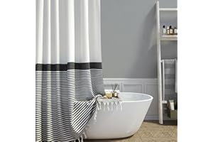 Dynamene Modern Farmhouse Fabric Shower Curtain Boho Black and White Striped Cloth Bathroom Shower Curtain with Tassels, Hotel Luxury Decorative Shower Curtain Set with 12 Hooks - 72x72