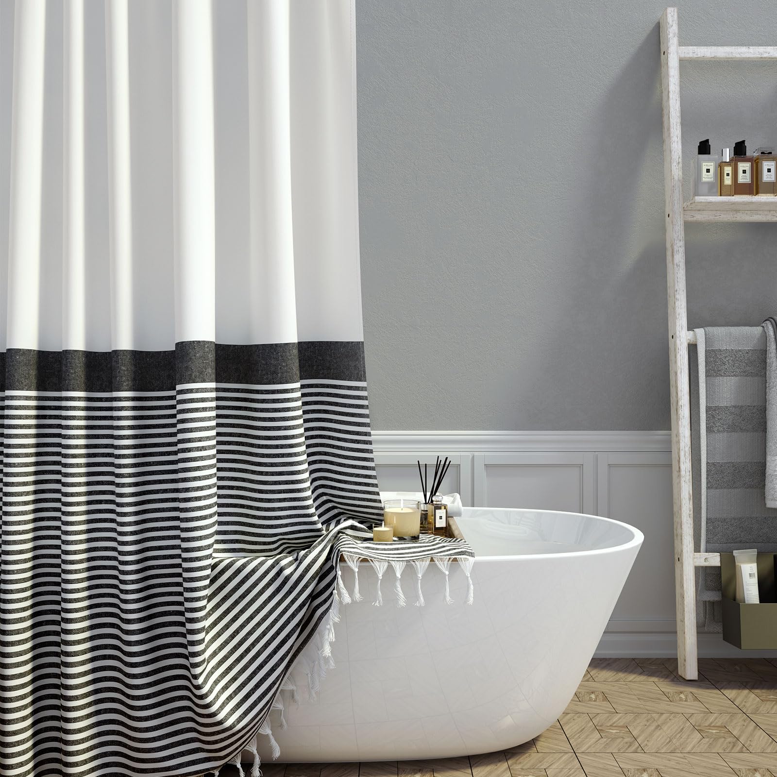 Dynamene Tenda Doccia Lunga 200 Cm, Stile Boho Con Strisce E Nappe, Misto Lino, Con 12 Ganci, 180x96 Cm, Colore Nero