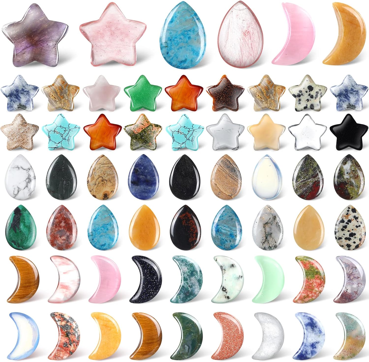 Indoor Fountains & Accessories - Nuenen 60 Pcs Natural Star Teardrop Moon Shaped Crystal Stones Worry Stones Bulks Assorted Mini Crystal Pocket Carved Stone Healing Gemstone Polished for DIY Witchcraft Meditation Balancing Jewelry
