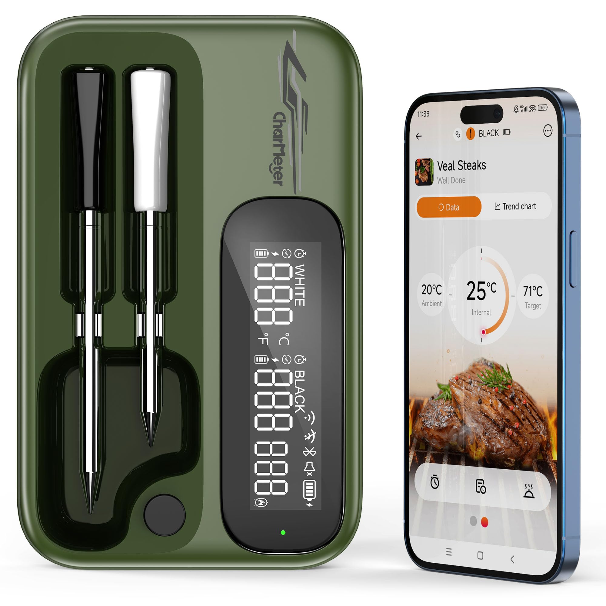 CharMeter Wireless Meat Thermometer with 2 Probes, WiFi Unlimited Range and Bluetooth 5.4 Dual Mode Smart Cooking Thermometer, LED Display Host, Digital Meat Probe for BBQ, Grill, Oven