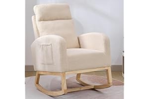 Krinana Nursery Rocking Chair with Solid Wood Legs, Glider Chair for Nursery with Side Pocket, Rocker Armchair for Living Room Bedroom (Beige, Teddy)
