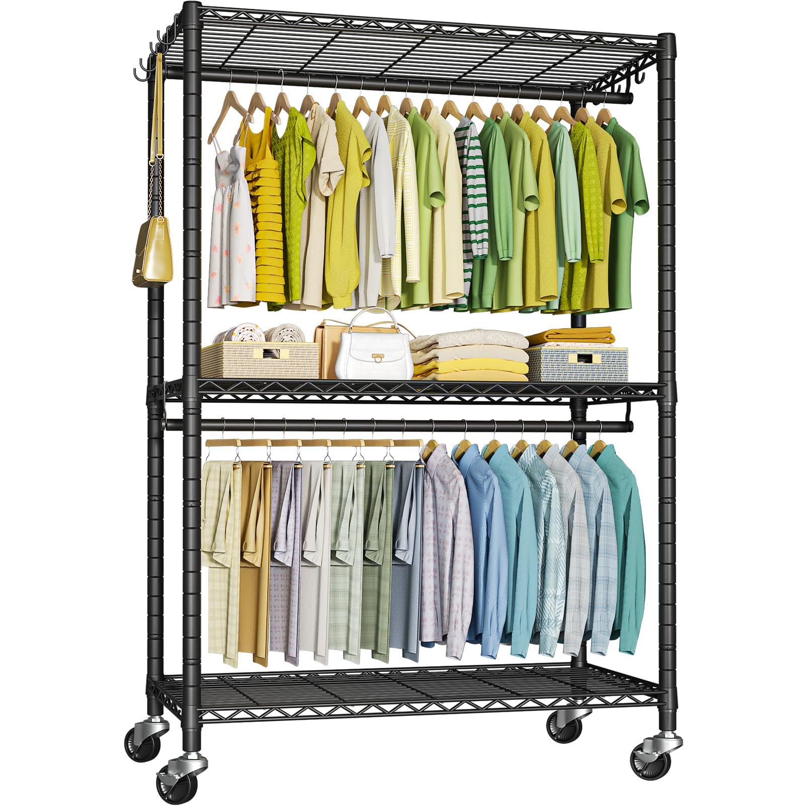 MZG 75-Inch Heavy Duty Garment Rack On Wheels – Black, Adjustable Clothing Rack – No Tools Needed