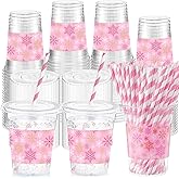 Shellwei 50 Set 16 oz Winter Snowflakes Plastic Cups with Lids and Straw Disposable Clear Ice Coffee Beverage Drinking Cups for Christmas Birthday Winter Decorations(Pink Sliver)